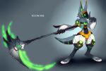  anthro digital_media_(artwork) hi_res holding_object holding_weapon kyanion looking_at_viewer machine male melee_weapon polearm protogen rexwind scythe simple_background solo weapon 