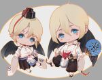  1boy absurdres black_feathers black_hakama black_headwear black_wings blonde_hair blue_eyes blush chibi circle closed_mouth feathered_wings feathers geta grey_background hair_between_eyes hakama hakama_pants hand_fan highres holding holding_fan japanese_clothes kariginu long_sleeves looking_at_viewer mask mask_removed multiple_views onmyoji ootengu_(onmyoji) pants paper_fan short_hair tengu-geta tengu_mask uchiwa wide_sleeves wings yi_er_san 