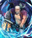  1boy abs alex_(cerealex) arm_hair axe bandana bara bare_pectorals beard body_hair coat electricity english_commentary facial_hair fargus_(fire_emblem) fire_emblem fire_emblem:_the_blazing_blade fire_emblem_heroes grey_pants holding holding_axe holding_weapon incoming_attack looking_at_viewer male_focus old old_man pants pectorals pirate_costume purple_coat smile weapon white_bandana 
