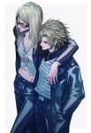  2boys black_jacket black_nails black_necktie black_pants black_shirt blonde_hair cigarette daybit_sem_void fate/grand_order fate_(series) feet_out_of_frame from_above hair_over_one_eye hand_in_pocket hand_on_another&#039;s_shoulder holding holding_cigarette jacket jewelry long_hair long_jacket looking_ahead male_focus medallion midriff multiple_boys navel necklace necktie open_clothes orange-tinted_eyewear pants profile sei_8220 shirt short_hair simple_background smile smoke sunglasses tezcatlipoca_(fate) tinted_eyewear trench_coat white_background white_shirt 
