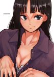  1girl aosora2823 artist_name black_hair blue_eyes blunt_bangs blush closed_mouth commentary english_commentary highres long_hair nico_robin one_piece simple_background smile solo white_background 