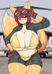  anthro belly big_breasts big_tail blue_eyes blush bottomwear bra breasts brown_hair camel_toe canid canine chubby_anthro chubby_female cleavage clothed clothing eyewear eyewear_on_head female fox fur goggles goggles_on_head hair hi_res huge_breasts huge_thighs hyper hyper_breasts jacket looking_at_viewer mammal navel orange_body orange_fur panties photo_background photography_(artwork) shorts side_boob smile solo standing tail tailzkim teeth thick_thighs topwear under_boob underwear unknown_character white_body white_fur wide_hips 
