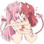  2girls absurdres animal_ears asymmetrical_docking bikini bikini_top_only blue_eyes bocchi_the_rock! bow breast_press breasts cat_ears cat_girl cat_tail cube_hair_ornament eye_contact gotoh_hitori green_eyes hair_ornament highres kemonomimi_mode kita_ikuyo large_breasts long_hair looking_at_another mel_(melty_pot) multiple_girls navel open_mouth pink_bikini pink_bow pink_hair red_bow red_hair simple_background small_breasts smile swimsuit tail tail_bow tail_ornament white_background yellow_bikini yellow_eyes yuri 