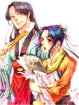  1boy 1girl :o blue_hair bun_cover chinese_clothes earrings folding_fan hand_fan holding holding_fan holding_paper jewelry kou_reishin kou_shuurei long_hair looking_at_another nike_(1214jasmine) orange_eyes paper purple_eyes saiunkoku_monogatari sidelocks stud_earrings white_background wide_sleeves 