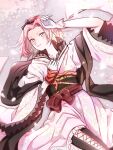  1girl black_hairband blush bow bow_hairband closed_mouth eyelashes feet_out_of_frame gloves green_eyes hairband haruno_sakura japanese_clothes kimono lying mizuto_(o96ap) naruto naruto_(series) on_back pink_hair pink_kimono red_bow sash short_hair solo white_gloves wide_sleeves 