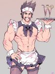  1boy alternate_costume apron bara bare_arms bare_shoulders black_bow black_bowtie black_skirt bow bowtie brown_background brown_hair brown_thighhighs chest_hair cocktail_glass cowboy_shot cup draven drinking_glass enmaided facial_hair frilled_apron frills garter_straps gatopescado3 grin highres holding holding_tray league_of_legends maid maid_headdress miniskirt mustache navel nipples short_hair simple_background skirt smile solo teeth thighhighs tray waist_apron white_apron wrist_cuffs 