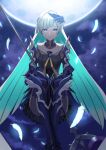  1girl absurdres aqua_hair arm_armor armored_boots asymmetrical_bangs black_shirt black_skirt blue_hair boots brynhildr_(fate) brynhildr_romantia fate/grand_order fate_(series) floating full_moon highres holding holding_polearm holding_weapon long_hair looking_at_viewer moon multicolored_hair pleated_skirt polearm purple_eyes quill shirt skirt solo spear two-tone_hair very_long_hair weapon ziu 