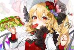  1girl alternate_costume blonde_hair blush bonnet breasts crystal dress eating flandre_scarlet flower food frills gold_trim gotou_(nekocat) grey_background hair_between_eyes hair_flower hair_ornament hands_up heart long_sleeves looking_at_viewer medium_hair mouth_hold nail_polish one_side_up orange_eyes pointy_ears red_dress red_nails sandwich simple_background slit_pupils small_breasts solo tomato touhou upper_body wings 