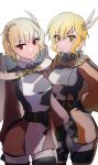  2girls absurdres belt black_gloves blonde_hair citrinne_(fire_emblem) closed_mouth earrings feather_hair_ornament feathers fire_emblem fire_emblem:_genealogy_of_the_holy_war fire_emblem:_thracia_776 fire_emblem_engage gloves green_eyes hair_ornament highres hoop_earrings jewelry long_sleeves looking_at_viewer mu_tu_bu multiple_girls nanna_(fire_emblem) red_eyes short_hair skirt smile white_background 