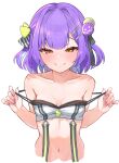  1girl absurdres bare_shoulders blue_hair blush breasts collarbone hair_bobbles hair_intakes hair_ornament hairclip highres hinomori_anzu indie_virtual_youtuber looking_at_viewer medium_hair multicolored_hair navel omattya_umyao orange_eyes pink_nails pulled_by_self purple_hair seductive_smile simple_background small_breasts smile solo sports_bra stomach strap_pull streaked_hair undressing upper_body virtual_youtuber white_background 