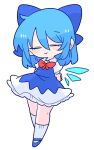  bangs blue_dress blue_footwear blue_hair cirno closed_eyes closed_mouth collared_shirt dress flat_chest highres ice ice_wings neck_ribbon op_na_yarou pinafore_dress puffy_short_sleeves puffy_sleeves red_ribbon ribbon shirt short_hair short_sleeves smile socks touhou white_shirt wings 