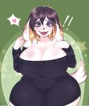  absurd_res anthro big_breasts black_hair blonde_hair blue_eyes breasts canid canine canis cleavage clothed clothing curvy_figure domestic_dog female floppy_ears hair hi_res intersex intersex/female mammal multicolored_hair poodle slightly_chubby smile solo surprised_expression sweater thick_thighs topwear two_tone_hair voluptuous white_body 