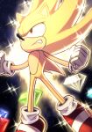  1boy absurdres animal_nose chaos_emerald clenched_teeth furry furry_male gloves highres male_focus red_eyes shoes silverchariotx solo sonic_(series) sonic_the_hedgehog space super_sonic teeth white_gloves 