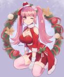  1girl bare_shoulders breasts brooch christmas_wreath cleavage fire_emblem fire_emblem:_three_houses fire_emblem_heroes gloves hair_ribbon highres hilda_valentine_goneril jewelry large_breasts long_hair looking_at_viewer official_alternate_costume one_eye_closed pink_eyes pink_hair purrlucii ribbon santa_costume smile solo star_brooch thighhighs twintails white_gloves white_thighhighs wreath 