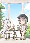  +++ +_+ 2girls absurdres azur_lane bare_legs barefoot blue_eyes blush cake chair chewing chibi closed_mouth commentary_request crossed_legs cup day double_bun doughnut dress dunkerque_(afternoon_venus)_(azur_lane) dunkerque_(azur_lane) eating food food_on_face grey_hair hair_bun hair_ribbon highres himajin_(fd_jin) jacket le_malin_(azur_lane) le_malin_(sleepy_sunday)_(azur_lane) long_hair looking_at_another macaron multiple_girls official_alternate_costume open_clothes open_jacket outdoors pavilion pouring ribbon saucer sitting smile sundress sunlight sweets table tea tea_party teacup teapot very_long_hair white_dress white_hair white_jacket 