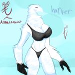  armedantagonist armedantagonist_(harver) avian beak bra breasts butt_from_the_front clothing erosion_bird feathers female hi_res humanoid neck_tuft solo talons thong tuft underwear 