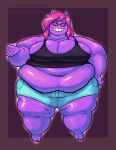  anthro artist_name belly big_breasts bottomwear breasts cleavage clothed clothing female full-length_portrait generation_1_pokemon gengar grin hair hi_res huge_breasts long_hair morbidly_obese morbidly_obese_female nintendo noctoon obese obese_female overweight overweight_female pink_hair pokemon pokemon_(species) portrait red_sclera shadie_(noctoon) shirt shorts smile solo tank_top text topwear url 