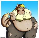  2018 absurd_res anthro belly big_belly big_breasts blonde_hair blush bottomwear breasts brown_hair clothing deep_navel digital_media_(artwork) domestic_cat ear_piercing ear_ring felid feline felis female green_eyes hair hi_res huge_breasts huge_thighs lightning_(thunderkid92) lightning_bolt looking_at_viewer mammal morbidly_obese morbidly_obese_anthro morbidly_obese_female multicolored_hair navel obese obese_anthro obese_female one_eye_closed open_mouth overweight overweight_anthro overweight_female pants piercing ring_piercing shirt solo thick_thighs topwear torn_bottomwear torn_clothing torn_pants two_tone_hair viroveteruscy wink winking_at_viewer 
