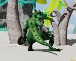  2023 3d_(artwork) albalbalb anthro armband asterozoan beach black_eyes blue_sky butt crouching digital_media_(artwork) echinoderm green_body green_scales green_skin hi_res holding_knife holding_object holding_shield knife leaf lizard lizardman_(miitopia) looking_back male marine miitopia muscular muscular_anthro muscular_male outside palm_tree plant rear_view reptile sand scales scalie seaside shield sky solo starfish tail thick_thighs tree wide_hips 
