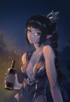  1girl absurdres baldur&#039;s_gate baldur&#039;s_gate_3 black_hair bottle breasts cleavage dungeons_and_dragons elf embers green_eyes hasha_00 highres holding holding_bottle long_hair looking_at_viewer night outdoors pointy_ears ponytail shadowheart_(baldur&#039;s_gate) solo 