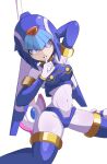  1girl android arm_up armpits blue_armor blue_eyes blue_sleeves bodysuit covered_armpit gloves helm helmet highres leviathan_(mega_man) mega_man_(series) mega_man_zero_(series) polearm robot robot_girl shoyu-z underwater weapon white_background 