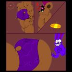  absurd_res adultpartypunch animatronic anthro bent_over big_butt bonnie_(fnaf) butt clothed clothing coin digital_media_(artwork) duo five_nights_at_freddy&#039;s freddy_(fnaf) glistening gold_(metal) gold_coin hi_res huge_butt huge_thighs imminent_sex lagomorph leporid machine male male/male mammal muscular muscular_male panties rabbit robot scottgames simple_background smile thick_thighs underwear wide_hips 