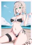  +_+ 1girl absurdres azur_lane beach bikini black_choker blue_sky blurry blurry_background blush bow braid breasts choker cloud cross-shaped_pupils frilled_bikini frills green_eyes grey_hair hair_between_eyes hair_ornament hairclip hand_up highres large_breasts looking_at_viewer low_twin_braids maid maid_bikini maid_headdress manchester_(a_moment_in_the_shade)_(azur_lane) manchester_(azur_lane) medium_hair navel official_alternate_costume oha_(oha_h22) open_mouth outside_border side-tie_bikini_bottom sitting sky solo swimsuit symbol-shaped_pupils twin_braids wariza water white_bow x_hair_ornament 