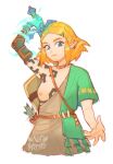  1girl alternate_costume arrow_(projectile) belt blonde_hair breasts breasts_out cowboy_shot english_commentary green_eyes hair_ornament hairclip highres holding holding_sword holding_weapon looking_at_viewer natnatart pointy_ears princess_zelda quiver shield solo sword the_legend_of_zelda the_legend_of_zelda:_tears_of_the_kingdom weapon 