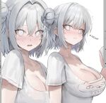  1girl absurdres alternate_costume azur_lane blush breasts cleavage closed_mouth collarbone embarrassed empty_eyes freng grey_eyes grey_hair hair_between_eyes hair_bun hair_intakes hiccup highres jade_(azur_lane) large_breasts looking_at_viewer mole mole_under_eye multiple_views open_mouth saliva saliva_trail shirt short_hair short_sleeves simple_background sweat t-shirt upper_body white_shirt 