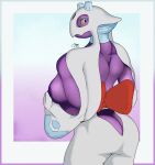  anthro areola big_breasts big_butt blue_background blue_eyes border breasts butt butt_cleavage clothing digital_drawing_(artwork) digital_media_(artwork) exposed_breasts female froslass generation_4_pokemon gradient_background hand_on_breast hi_res krowbutt looking_at_viewer looking_back nintendo nipples pokemon pokemon_(species) purple_background purple_breasts rear_view side_boob signature simple_background solo white_border yellow_sclera 