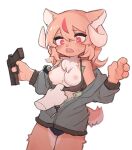  anthro blush breasts clothing crayon_(artist) disembodied_hand exposed_breasts female gun handgun horn nipples panties pistol ranged_weapon red_eyes shirt solo surprised_expression tank_top tank_top_pull topwear underwear weapon 