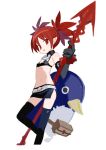  1girl absurdres black_choker black_gloves black_skirt black_thighhighs blush_stickers choker demon_girl demon_tail disgaea elbow_gloves etna_(disgaea) fang flat_chest foot_out_of_frame gloves highres holding holding_polearm holding_weapon kokaki_mumose looking_at_viewer medium_hair miniskirt navel open_mouth pointy_ears polearm prinny red_eyes red_hair simple_background skirt smile solo tail thighhighs twintails weapon white_background 