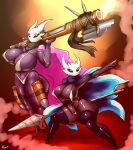  2019 absurd_res bikini black_body breasts clothing duo fan_character female fingers gausscannon hi_res holding_object hollow_knight melee_weapon purple_body sling_bikini standing swimwear team_cherry thick_thighs vessel_(species) weapon 