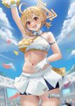  1girl ahoge arm_up blonde_hair blue_archive blue_sky breasts cheerleader cleavage cloud day gloves hair_between_eyes halo highres holding holding_pom_poms kotori_(blue_archive) kotori_(cheer_squad)_(blue_archive) medium_breasts midriff millennium_cheerleader_outfit_(blue_archive) navel official_alternate_costume open_mouth outdoors plump pom_pom_(cheerleading) red_eyes short_hair skirt sky smodzz998 solo stadium stomach sweat triangle_halo white_gloves white_skirt yellow_halo 