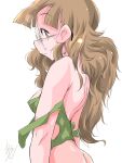  1girl alternate_hairstyle artist_name azechi_kiyochi back breasts brown_eyes brown_hair butt_crack closed_mouth from_side girls_und_panzer glasses green_tank_top hair_down highres long_hair looking_at_viewer messy_hair oono_aya signature simple_background small_breasts smile solo strap_slip tank_top upper_body white_background 