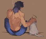  1boy back belt black_belt black_hair blue_pants brown_background commentary_request dog feet_out_of_frame from_behind highres inudori itou_kaiji kaiji long_hair male_focus male_underwear male_underwear_peek pants petting red_male_underwear sitting smoking solo topless_male underwear 