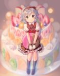  1girl antenna_hair apple apple_slice black_footwear black_socks bow_hairband brown_eyes cake cookie dress food frilled_dress frills fruit grey_hair hairband idolmaster idolmaster_cinderella_girls jabot kawaseki kiwi_(fruit) loafers looking_at_viewer mini_person minigirl mole mole_under_eye narumiya_yume orange_(fruit) orange_slice puffy_short_sleeves puffy_sleeves shoes short_hair short_sleeves sitting smile socks solo strawberry whipped_cream 