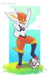  anthro bodily_fluids cinderace cloud female fur generation_8_pokemon grafayay grass hi_res nintendo plant pokemon pokemon_(species) sky soccer solo sport sweat white_body white_fur 