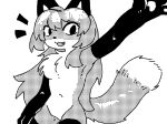  anthro averi_(fiddleafox) ben_day_dots canid canine dipstick_tail female female_anthro fox fur gesture gloves_(marking) hair leg_markings looking_at_viewer mammal markings monochrome simple_background socks_(marking) solo tail tail_markings unknown_artist waving 