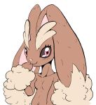  1girl :3 animal_ears animal_nose arm_at_side black_sclera body_fur breasts brown_fur brown_theme closed_mouth collarbone colored_sclera commentary flat_color furry furry_female hand_to_own_mouth hand_up happy looking_at_viewer lopunny navel no_nipples pokemon pokemon_(creature) rabbit_ears rabbit_girl red_eyes simple_background small_breasts smile solo stomach two-tone_fur white_background yellow_fur zen_migawa 
