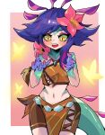  1girl absurdres bare_shoulders beseunaj-jamjaneun_gemdol-i blue_hair breasts brown_shirt brown_shorts bug butterfly colored_skin crop_top flower green_skin hair_flower hair_ornament hands_up highres league_of_legends long_hair multicolored_hair navel neeko_(league_of_legends) shirt shorts slit_pupils small_breasts smile solo stomach tail teeth tongue 