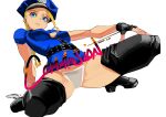  1girl blonde_hair blue_eyes braid cammy_white commission gloves hat highres panties police police_hat police_uniform single_braid solo squatting thighhighs tngkbmarlon underwear uniform white_background 