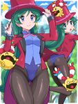  1girl absurdres black_pantyhose blue_eyes blue_leotard chingling closed_mouth covered_navel day flying_sweatdrops francesca_(pokemon) green_hair hat highres holding holding_wand leotard long_hair long_sleeves looking_at_viewer magician open_mouth outdoors pantyhose pokemoa pokemon pokemon_(anime) smile top_hat wand 