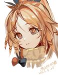 1girl arknights artist_name black_bow bow dated feather_hair highres long_hair looking_at_viewer mole mole_under_eye nopetroto orange_bow orange_eyes orange_hair pinecone_(arknights) ponytail portrait simple_background solo two-tone_bow white_background 