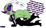  alien alien_humanoid bent_over big_breasts breasts butt clothing dialogue english_text female footwear gloves green_body handwear hi_res high_heels humanoid invader_zim irken latex latex_gloves latex_stockings looking_at_viewer looking_back nickelodeon purple_eyes rear_view rexon02 simple_background solo tak_(invader_zim) talking_to_viewer text thick_thighs white_background 