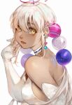  1girl artist_name blonde_hair breasts choker colored_eyelashes dark-skinned_female dark_skin earrings elbow_gloves gloves hair_between_eyes hair_ornament hair_twirling highres hololive hololive_english jewelry limiter_(tsukumo_sana) lips long_hair looking_to_the_side parted_lips planet_hair_ornament sideboob solo star_(symbol) tsukumo_sana twintails twitter_username upper_body user_ykej8425 very_long_hair virtual_youtuber white_background white_choker white_gloves yellow_eyes 