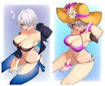  1girl absurdres angel_(kof) backless_pants bikini blue_eyes bra breasts chaps cleavage crop_top cropped_jacket dual_persona fingerless_gloves flower gloves hair_over_one_eye hat hat_flower highres jacket large_breasts leather leather_jacket looking_at_viewer midriff navel panties pants revealing_clothes short_hair smile snk solo strapless strapless_bra straw_hat sun_hat swimsuit the_king_of_fighters the_king_of_fighters_all-stars the_king_of_fighters_xiv toned tongue tongue_out underwear white_hair whysoblau 
