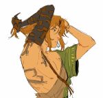  1boy archaic_set_(zelda) chest_tattoo link loose_clothes pointy_ears tattoo the_legend_of_zelda the_legend_of_zelda:_tears_of_the_kingdom tying_hair very_long_ears white_background 