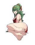  1girl artist_name ass barefoot bikini blush breasts byzuko cleavage commentary crossed_bangs embarrassed english_commentary eyelashes fang feet fire_emblem fire_emblem_awakening fire_emblem_heroes foot_focus full_body green_eyes green_hair hair_between_eyes hair_ribbon headpiece highres large_breasts legs legs_together long_hair looking_at_viewer official_alternate_costume open_mouth plantar_flexion pointy_ears ponytail red_bikini red_ribbon ribbon sidelocks simple_background sitting soles solo swimsuit thighs tiki_(adult)_(fire_emblem) tiki_(fire_emblem) toenails toes white_background 