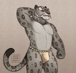  anthro asian_clothing bulge clothing curled_tail dickarmdaryl_(artist) dreamworks east_asian_clothing felid fundoshi fur fur_markings japanese_clothing kung_fu_panda looking_away male mammal markings muscular pantherine raised_arm snow_leopard solo standing tai_lung_(kung_fu_panda) tail three-quarter_view underwear 